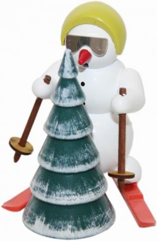 Snowman with skis and tree 6cm decorative figure made of wood